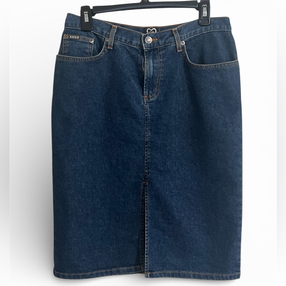 Y2K Skirt Vintage 90s XOXO Jeans Dark Wash Denim Midi Skirt Front Slit Size 9/10